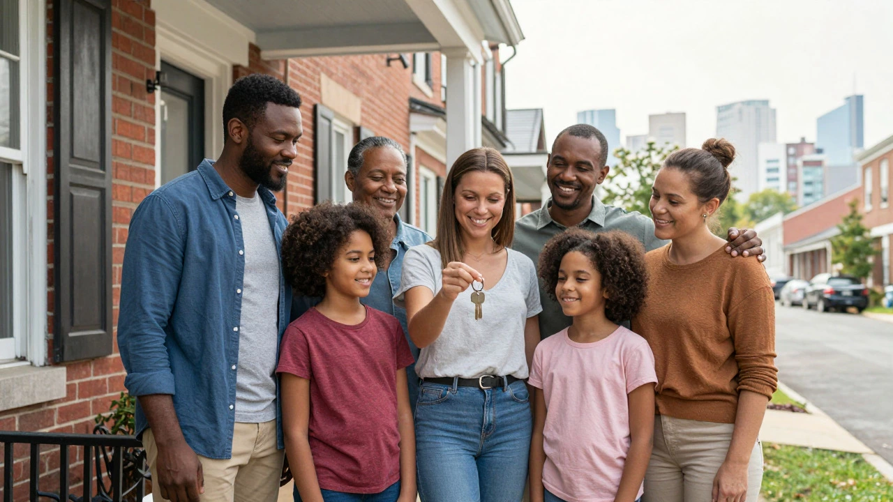 Family holding keys outside a modest brick home in Richmond, Virginia