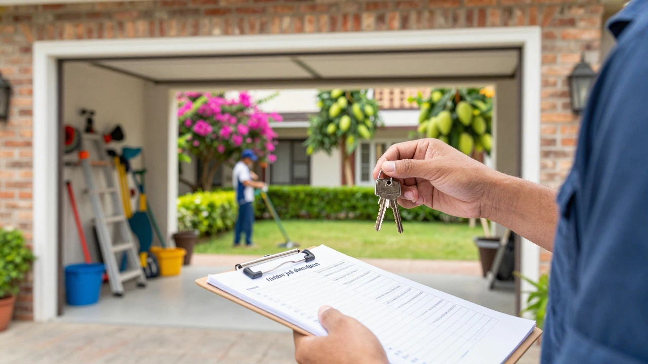 Homeowner holding keys and checklist with gardening tools
