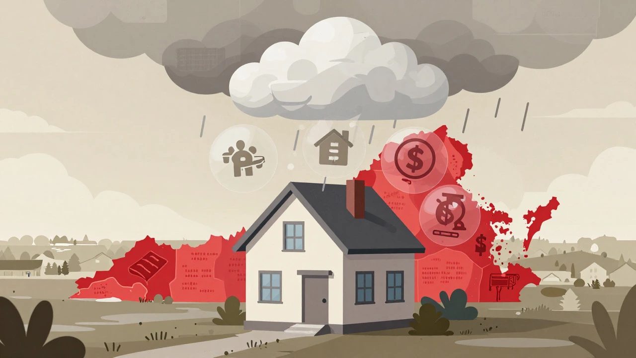 Illustration of a house burdened by icons of taxes, insurance, and utility costs