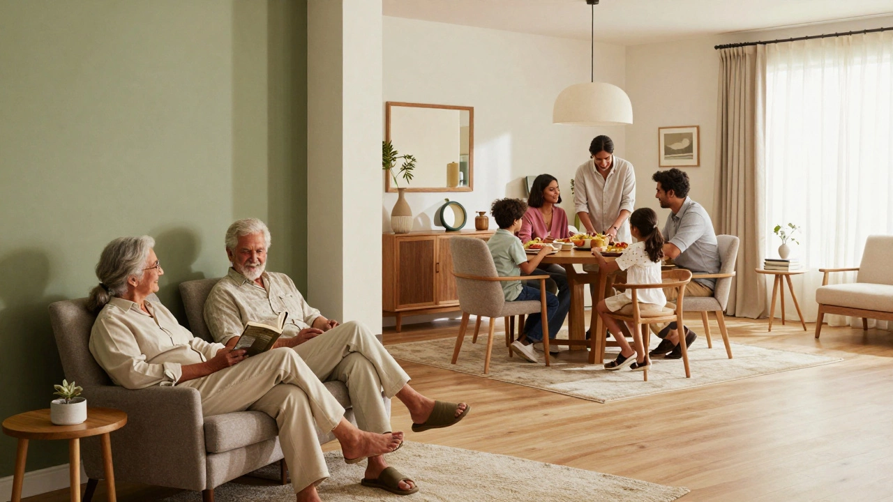 Multi-generational family enjoying time together in distinct zones of a large flat