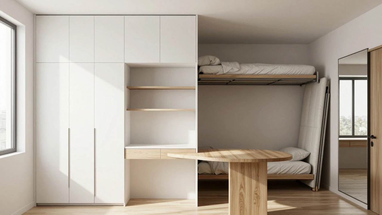 Smart storage solutions in a compact apartment with murphy bed and shelves