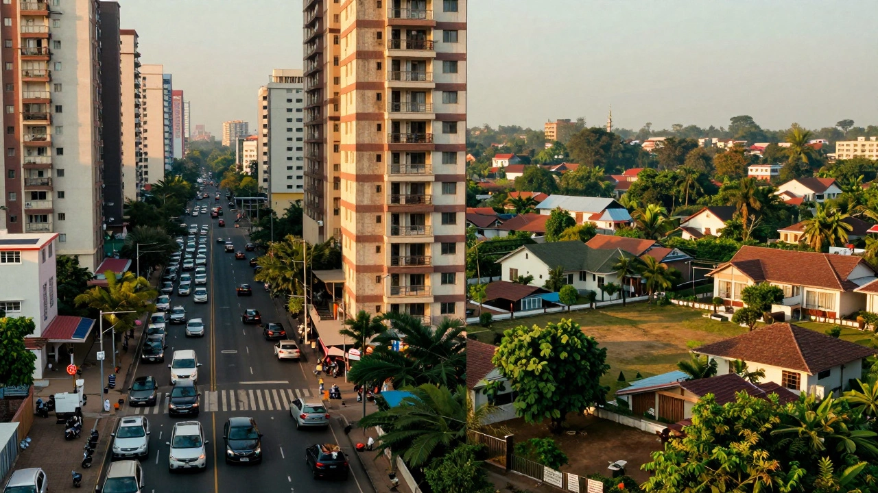 Split view contrasting dense urban apartments with quiet suburban homes to show rent differences.