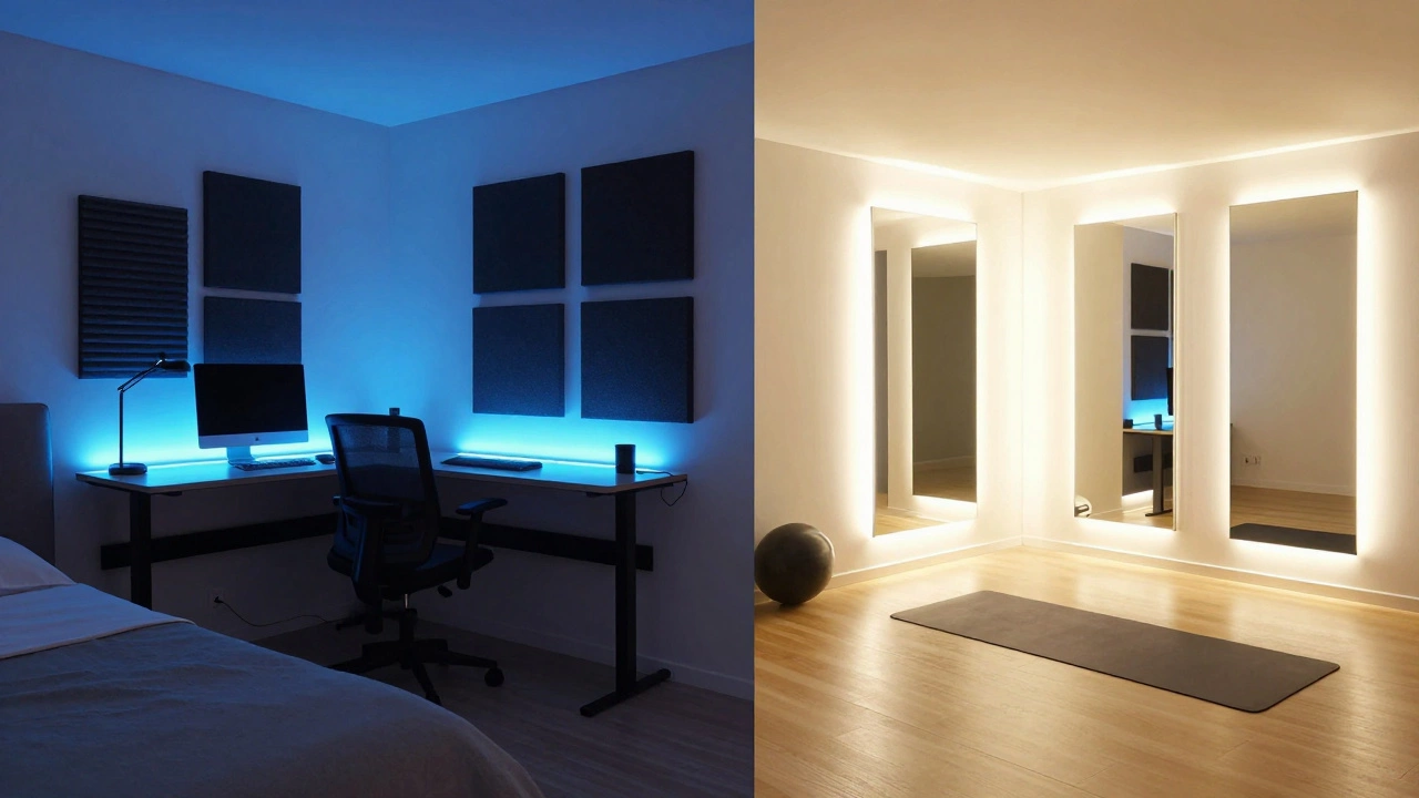 Split view showing a home office and a yoga room converted from bedrooms