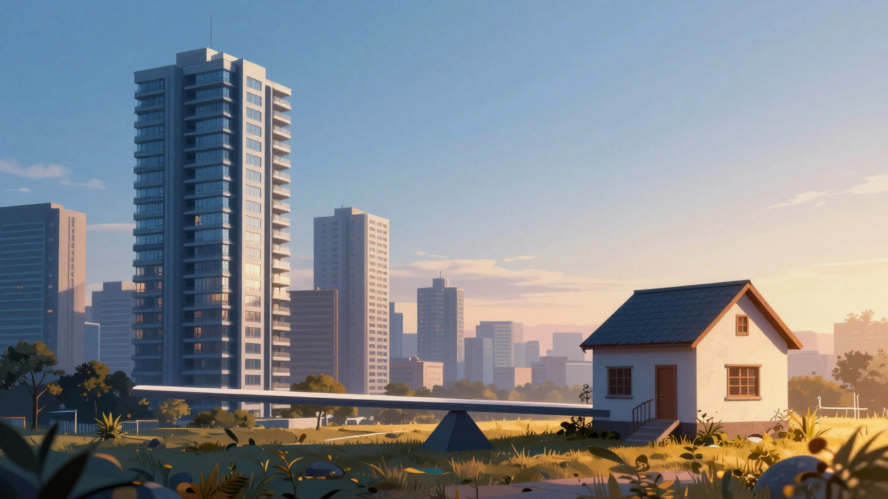 Urban skyscraper vs rural home showing rent cost disparity