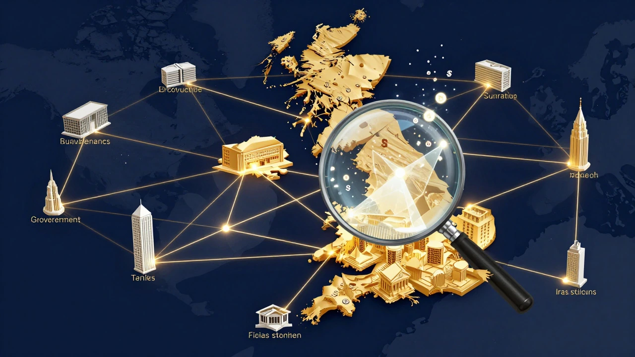 Abstract visualization of glowing lease connections linking commercial properties across a UK map.