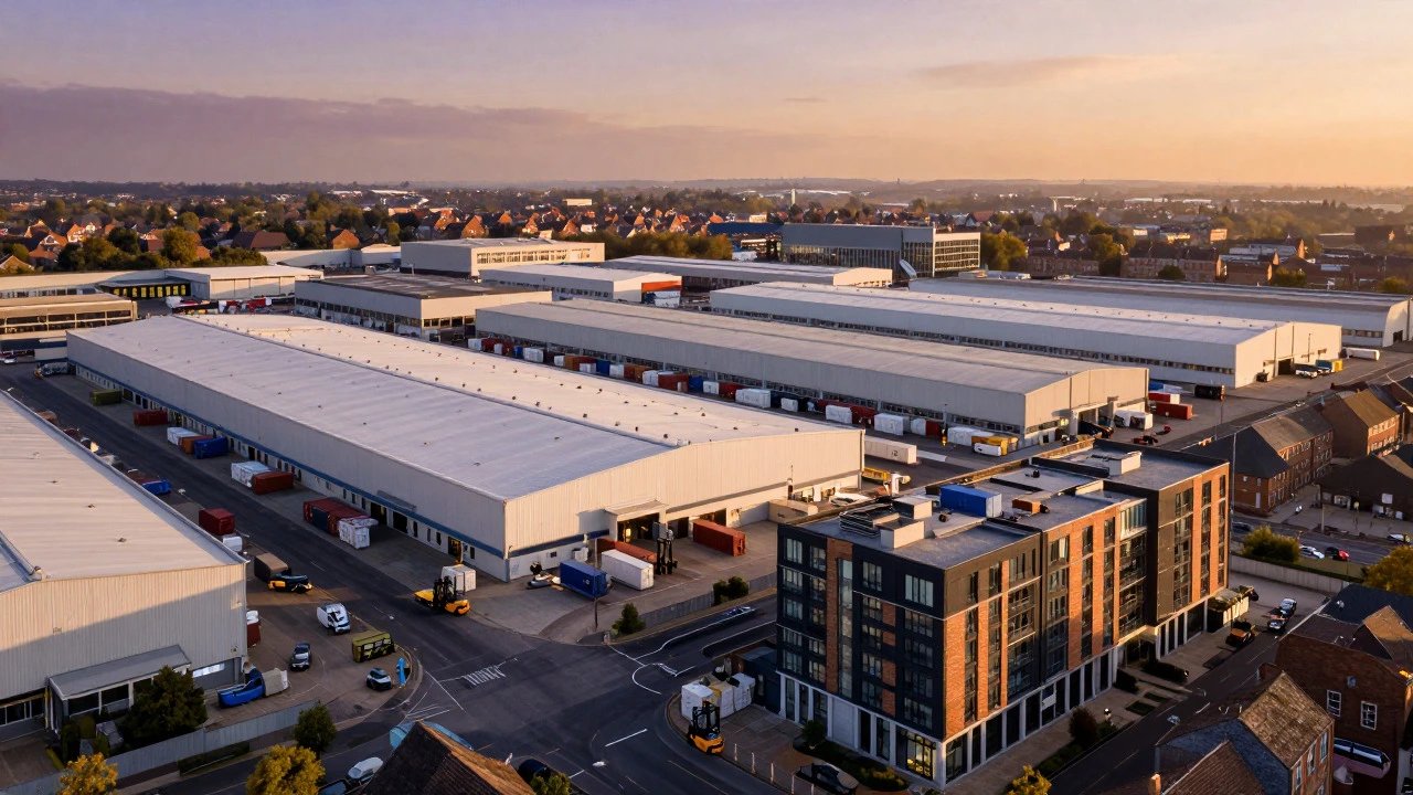 Bustling UK industrial logistics hub with warehouses and mixed-use developments at sunset.
