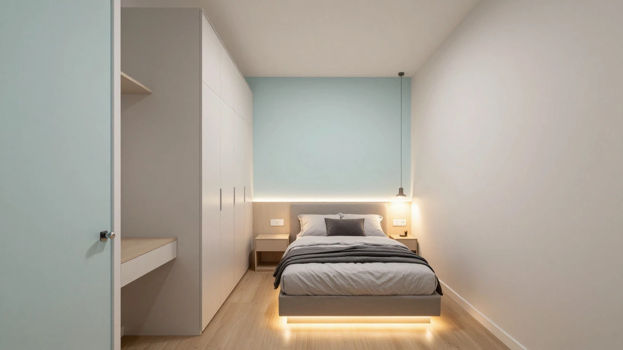Compact master bedroom with built-in wardrobe and queen bed in a small apartment