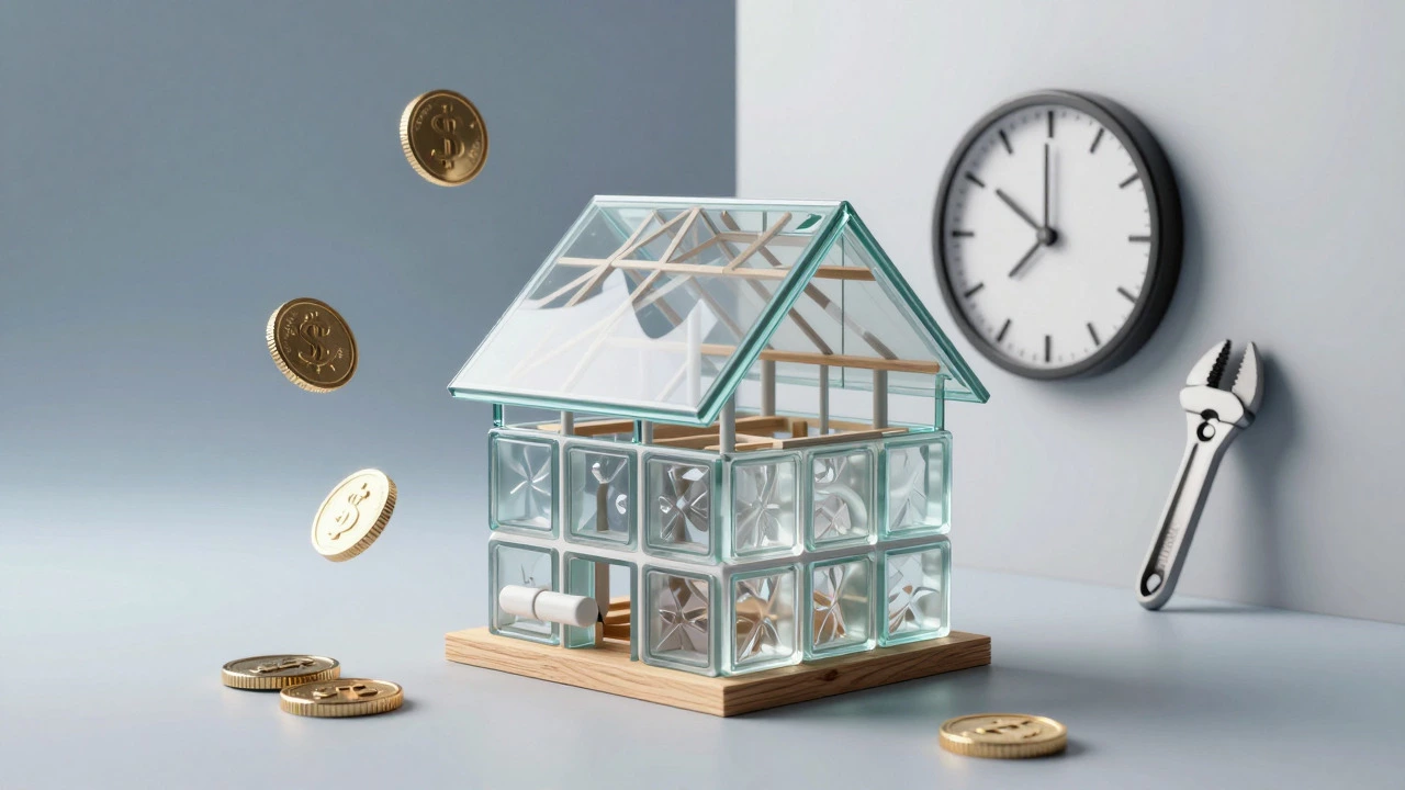 Conceptual art of a house structure surrounded by cost symbols