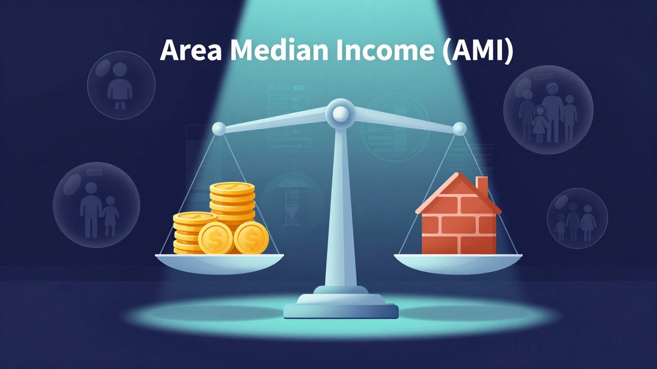 Conceptual illustration of income balance scales with household icons