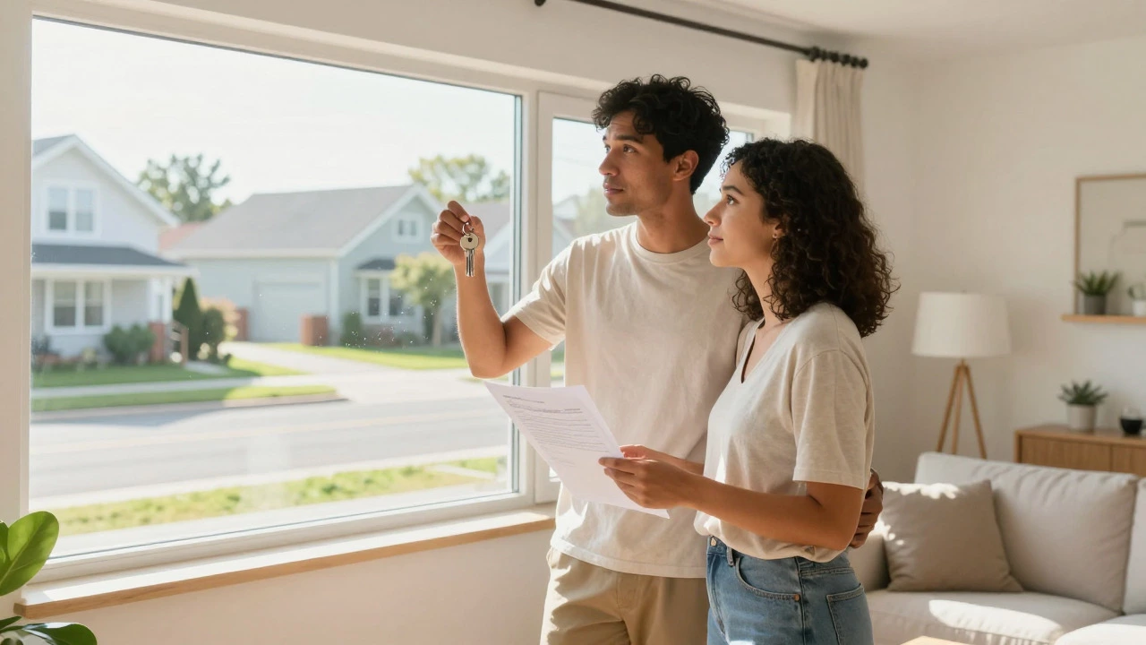 Couple holding keys in a sunlit living room of a new home