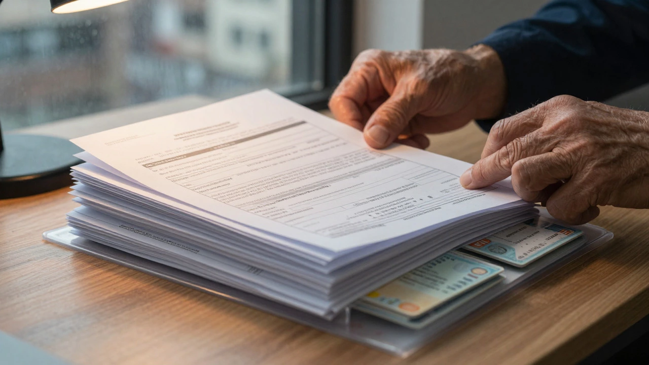 Hands organizing housing application documents like pay stubs and IDs