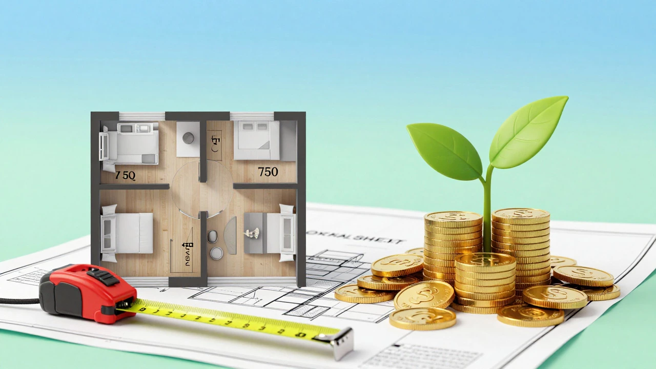 Illustration comparing apartment size with financial savings and investment value