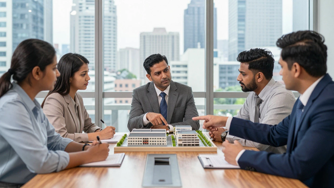 Indian investors discussing property models with a broker