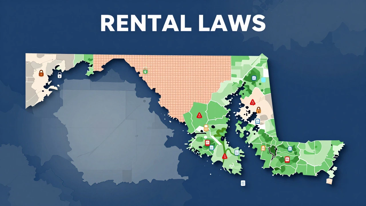 Map of Maryland showing different rental law zones by county