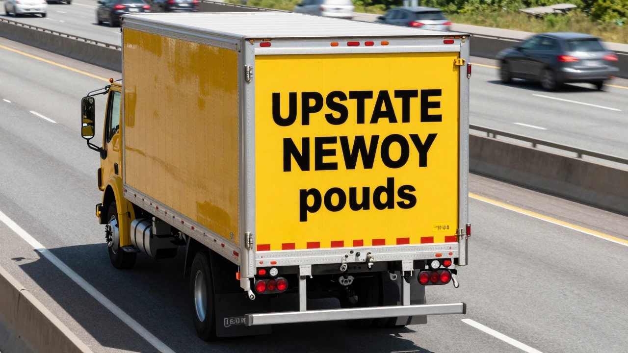Yellow commercial truck license plate with black text on a highway.