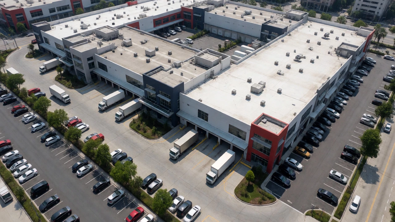 Aerial view of a busy commercial complex with active traffic