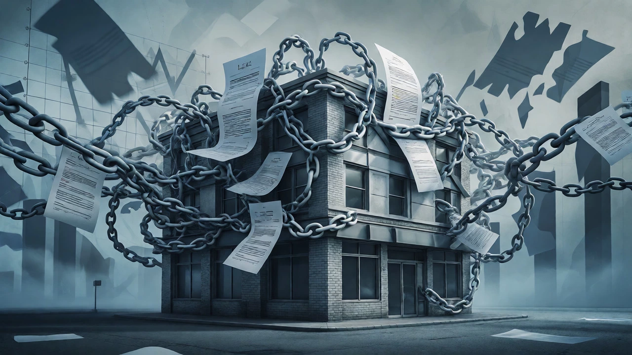 Commercial building wrapped in legal contract chains