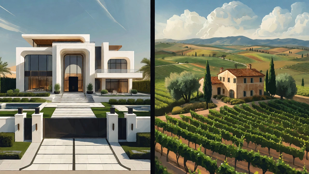 Comparison of large Dubai mansion vs small Tuscan farmhouse