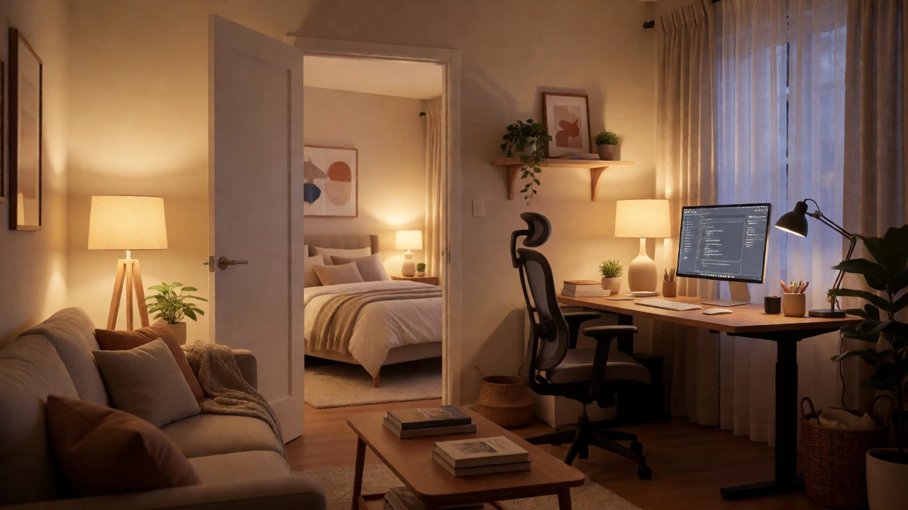 Cozy 1BHK living room with separate visible bedroom entrance
