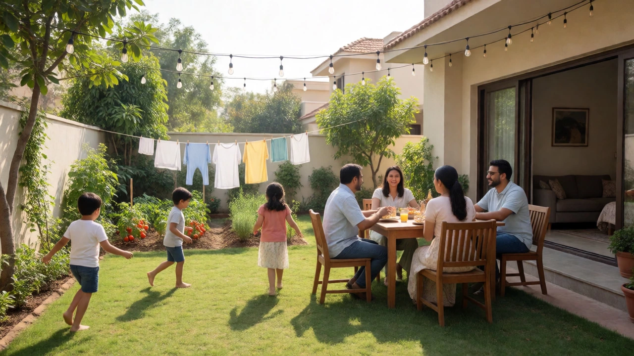 Family dining and playing in a spacious villa backyard with a vegetable garden and laundry line.