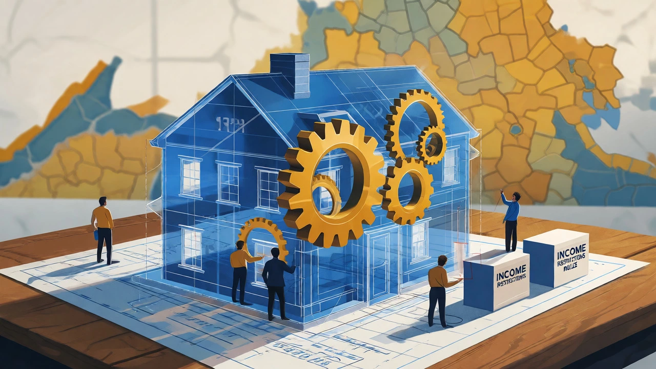 Illustration of housing blueprints with gears symbolizing tax credits and funding.