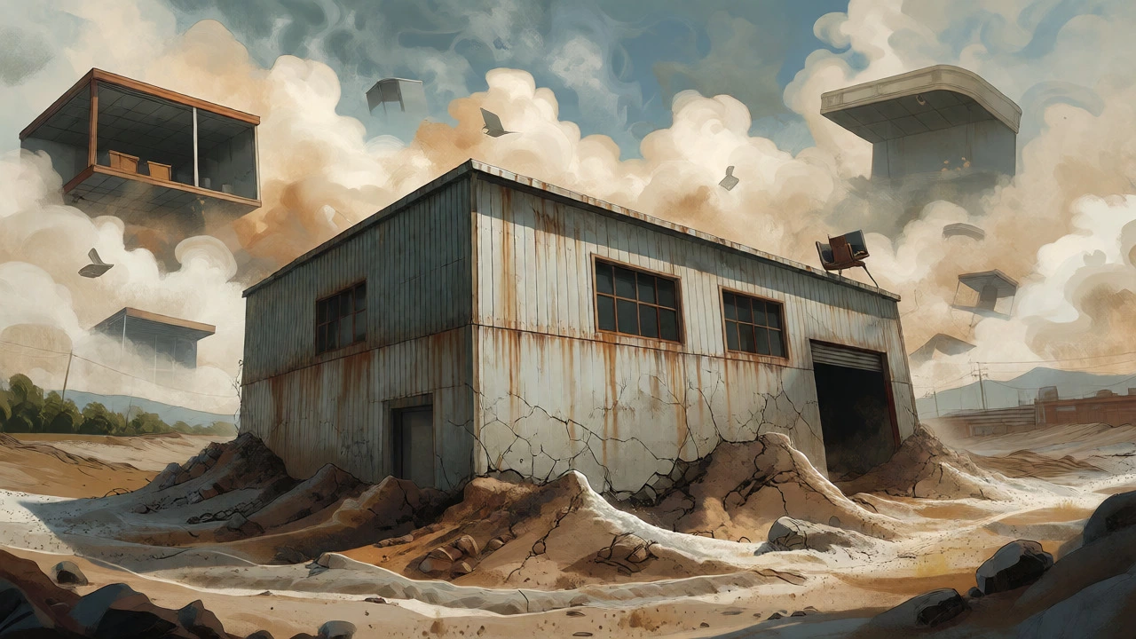 Industrial warehouse sinking into quicksand surrounded by ghostly empty shops