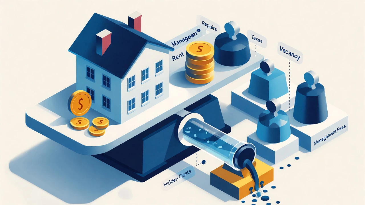 Isometric illustration of a house on a scale balancing rent income against various expense weights