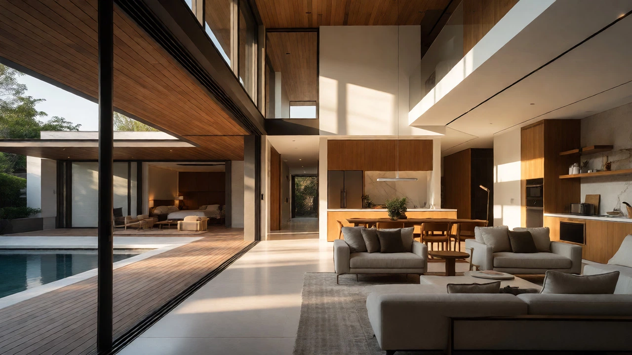 Open-concept villa interior flowing into outdoor patio