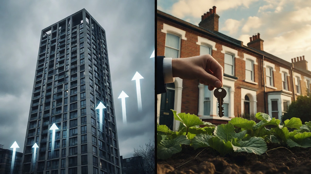 Split view comparing a London high-rise for growth and a Northern terraced house for faster cash recovery.