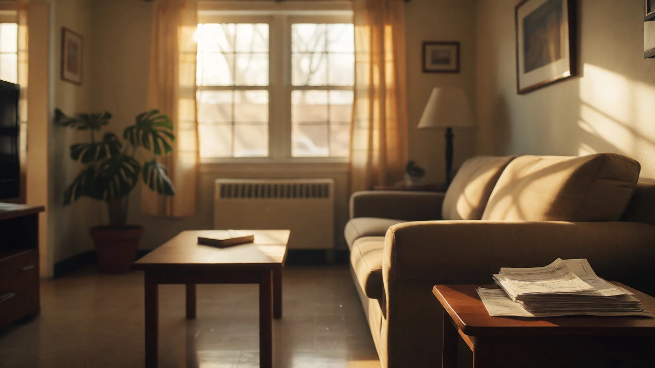 Sunlit living room in a modest home with utility bills on a side table.