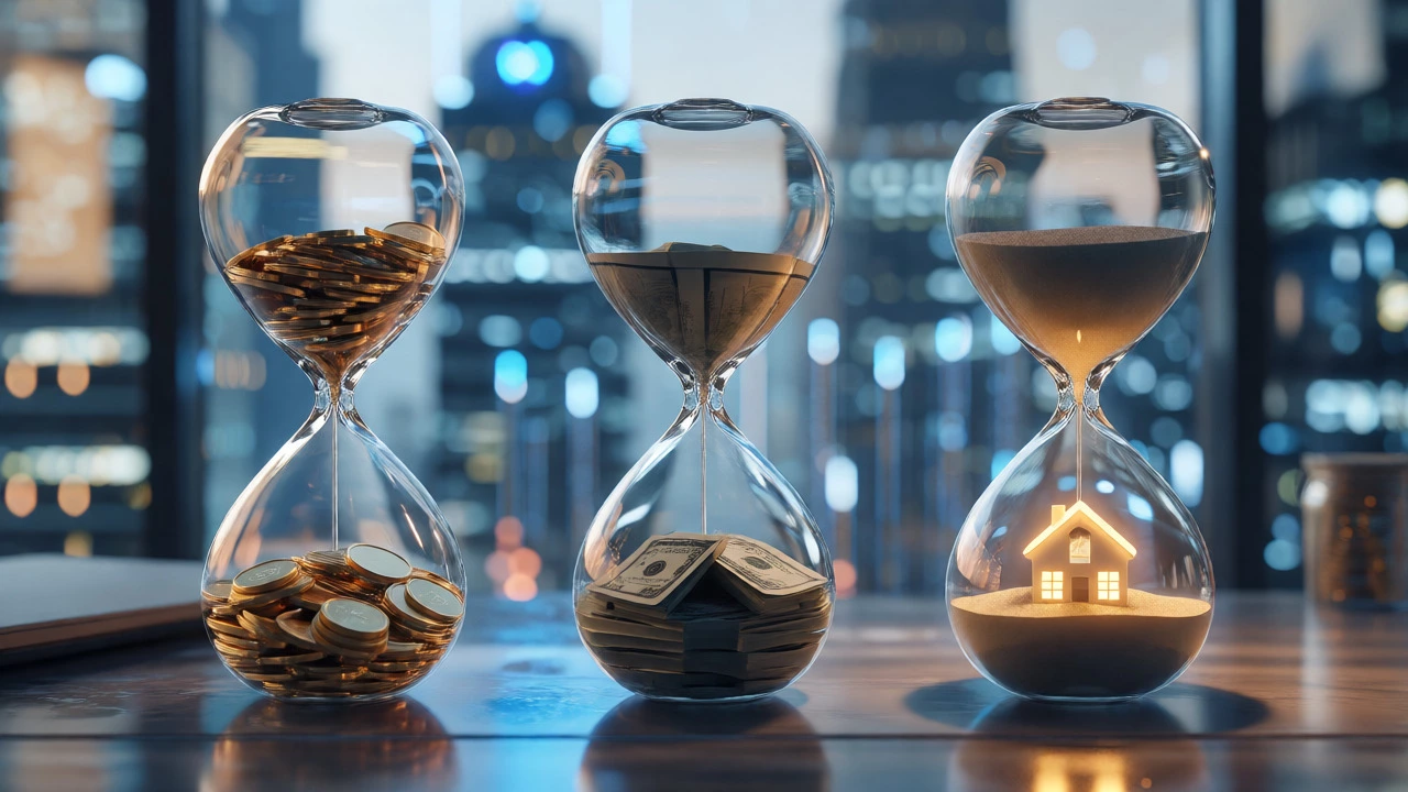 Three glass hourglasses showing different stages of rental property break-even timelines through coins and houses.