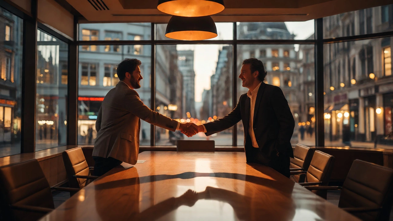 Business handshake in a boardroom at dusk