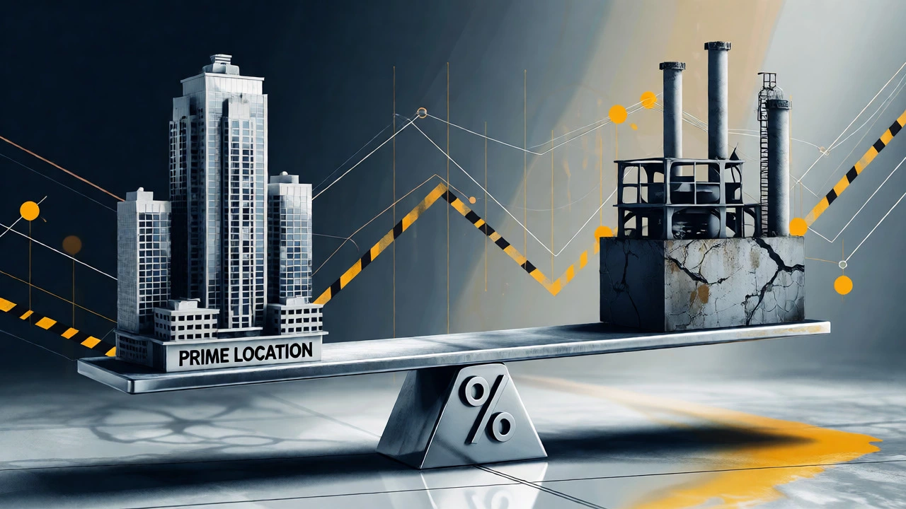 Conceptual balance scale weighing prime location against investment yield