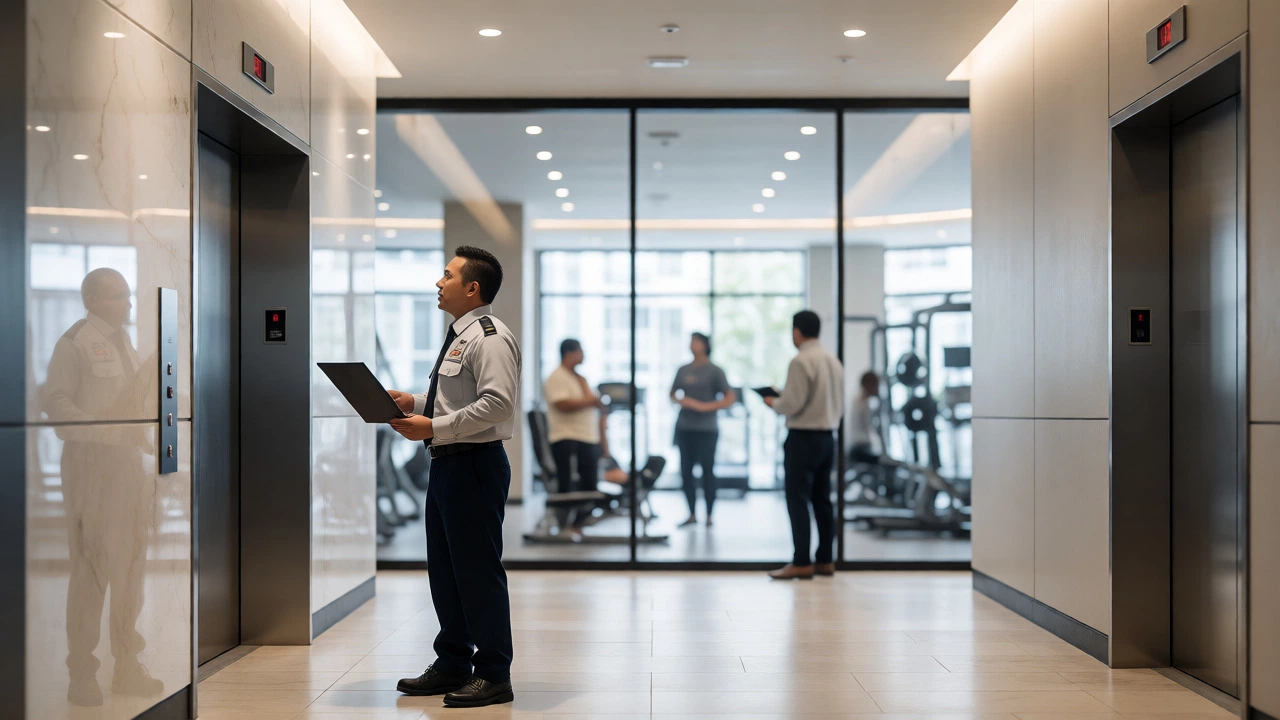 Condo lobby scene showing building staff assisting residents near elevators
