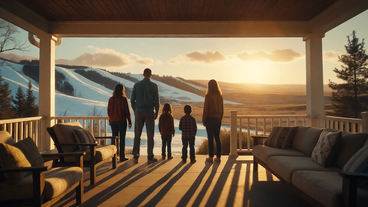 Family contemplating lifestyle choices with a backdrop blending mountains and plains.