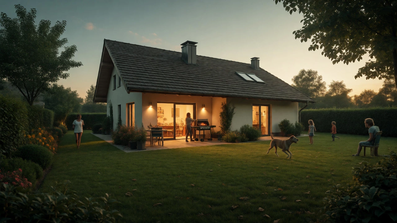 Family having a barbecue in the private garden of a secluded suburban villa