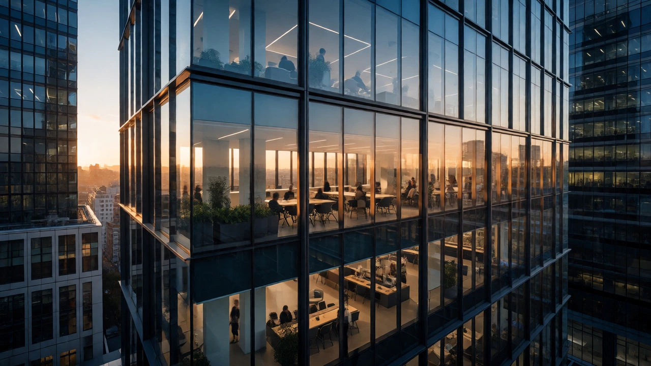 Glass-clad Grade A office tower in London at sunset
