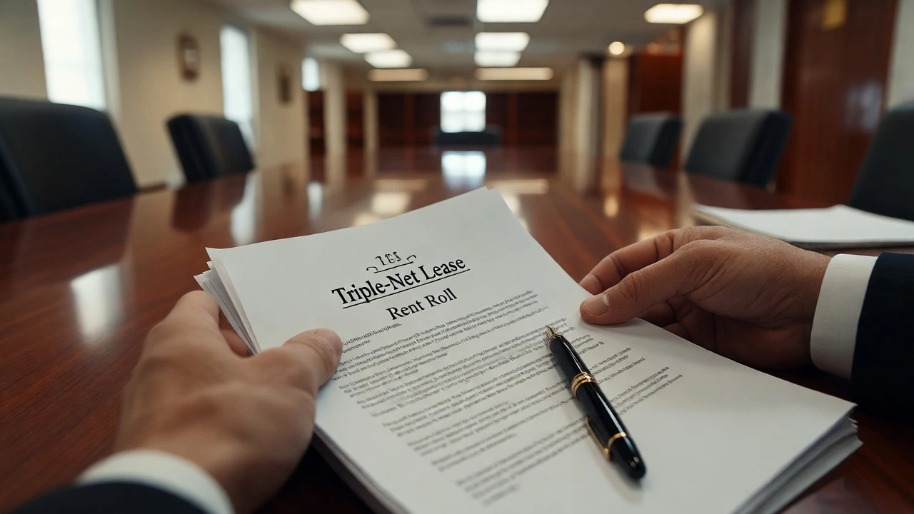 Hands reviewing commercial lease documents on a conference table