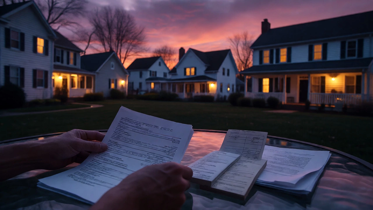 Hands sorting receipts with Virginia homes in the background
