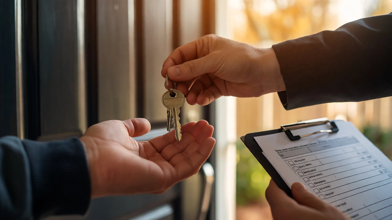 Landlord handing keys to a tenant with an inspection checklist nearby