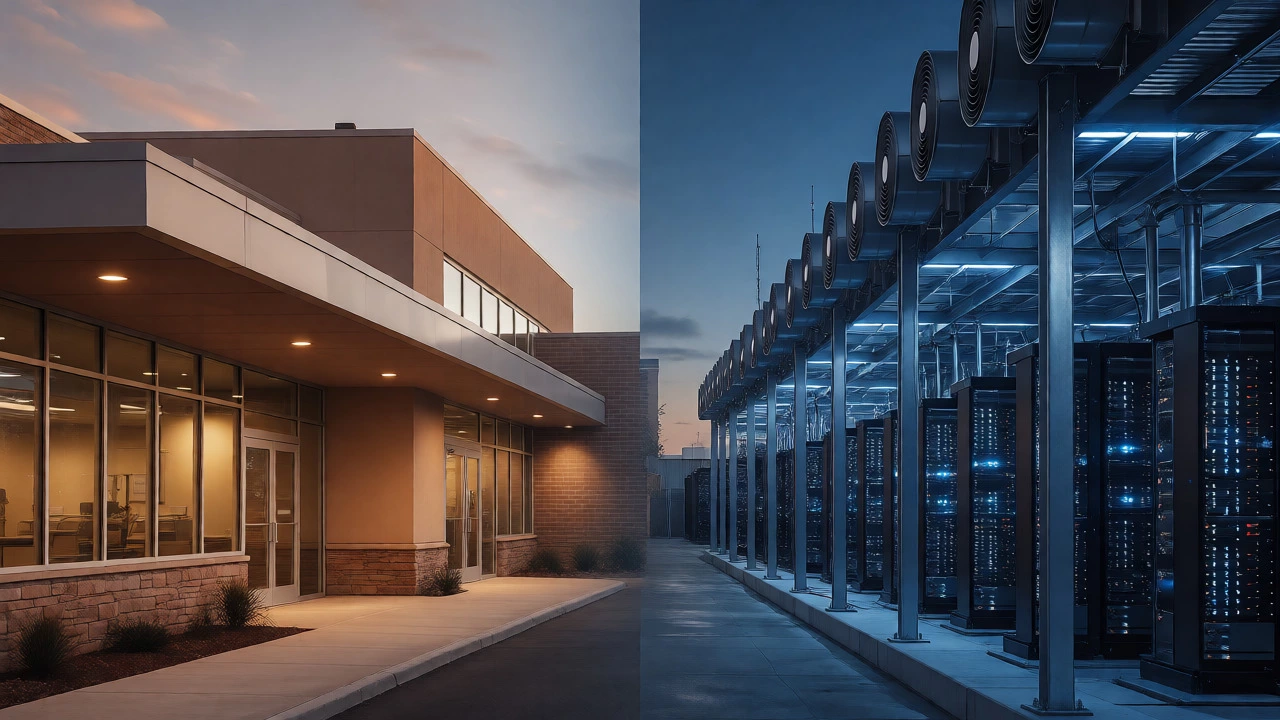 Split view of healthcare facility and data center exterior