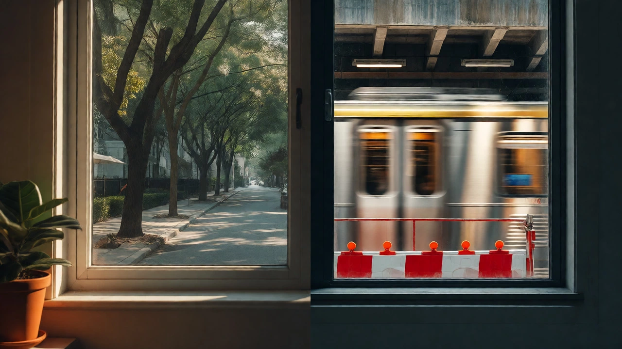 Split view of quiet street and noisy metro construction
