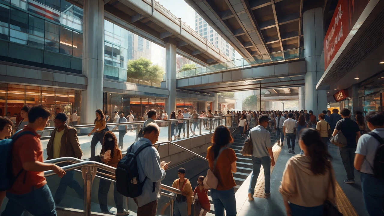 Young professionals exiting busy metro station in city